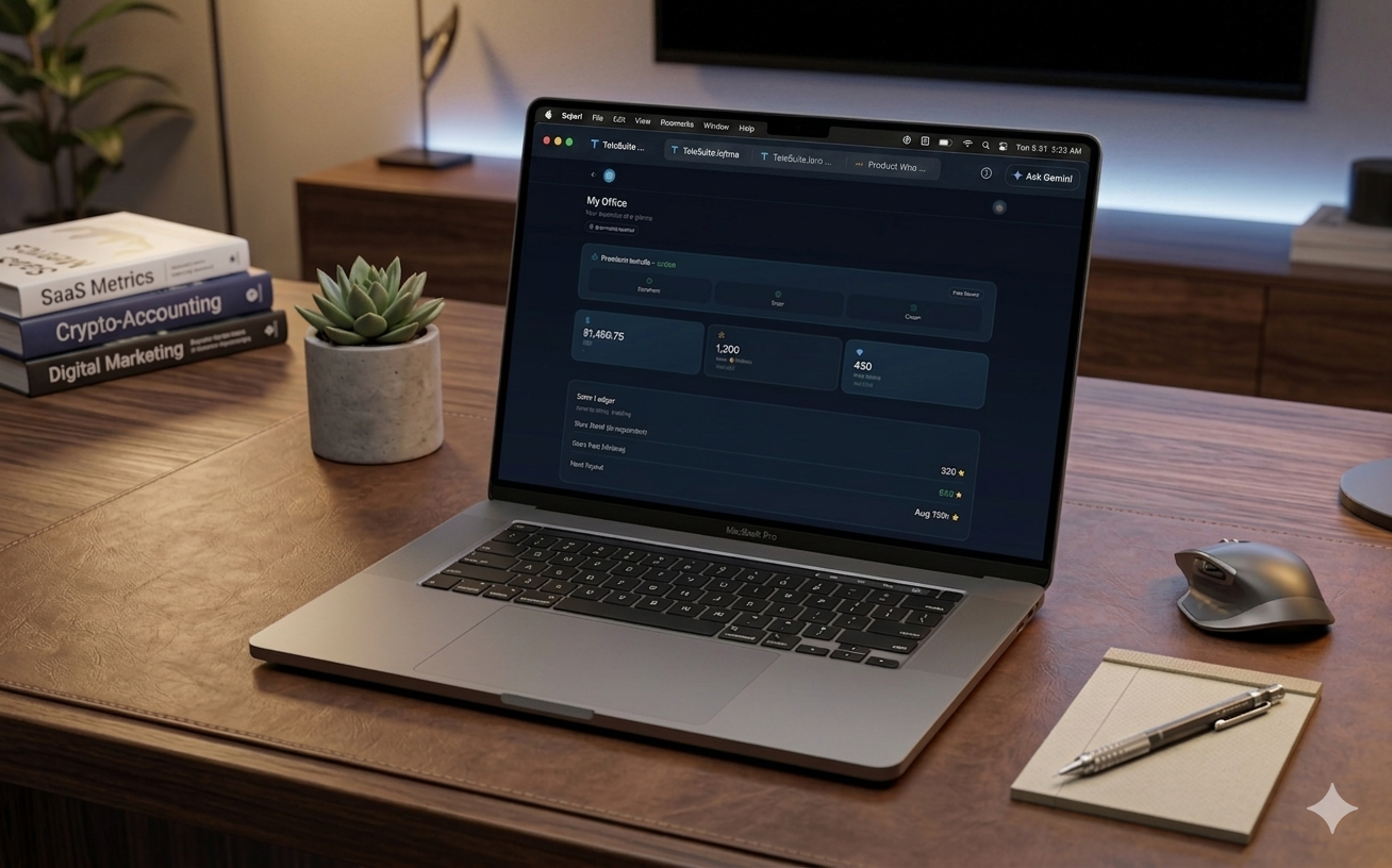 TeleSuite Mission Control dashboard on a MacBook in a warm workspace
