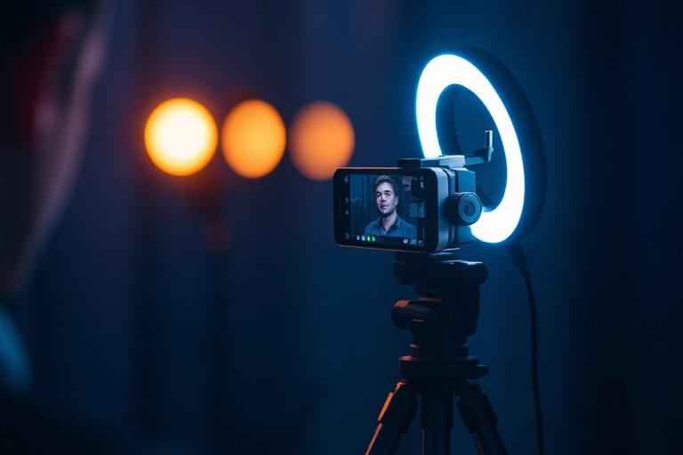 Creator filming content with smartphone and ring light