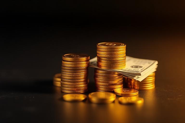 Stacks of gold coins and cash representing working capital