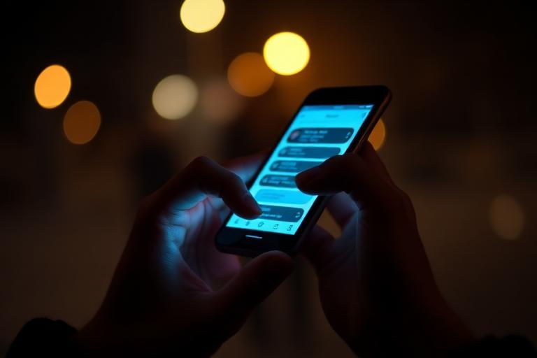 Hands holding a smartphone scrolling a chat feed at night
