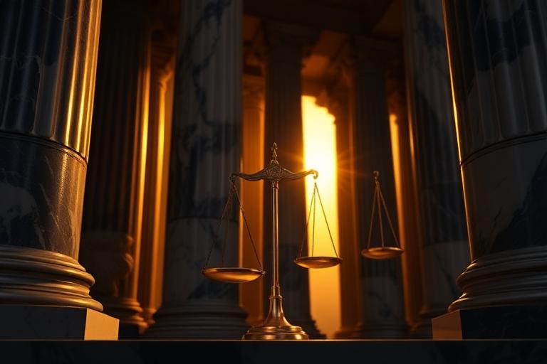 Marble pillars and brass scales of justice in warm light
